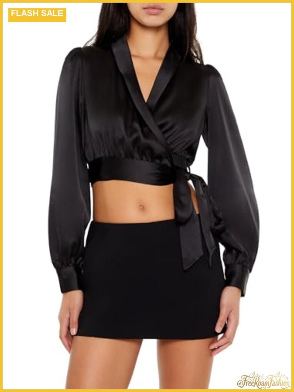 Satin Wrap Crop Top Long Sleeve Surplice Self-Tie